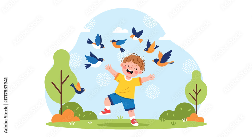 Obraz premium Joyful Child Interacting With Playful Birds In A Scenic And Peaceful Landscape Scene