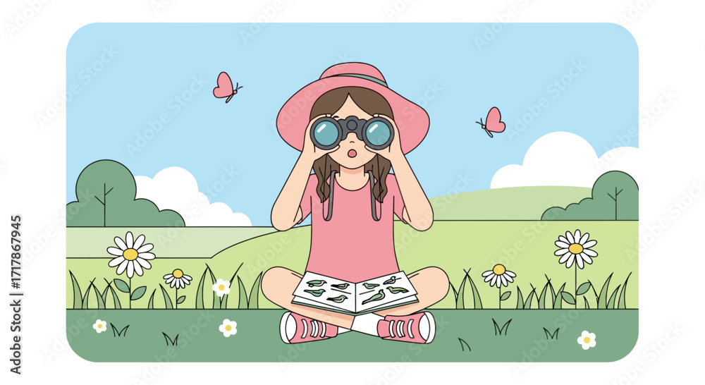 Fototapeta premium Illustrative Image Of A Girl Outdoors, Observing Nature With Binoculars And A Guide