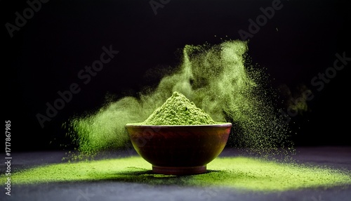 A Bowl Of Green Powder Is Sprinkled On A Dark Background