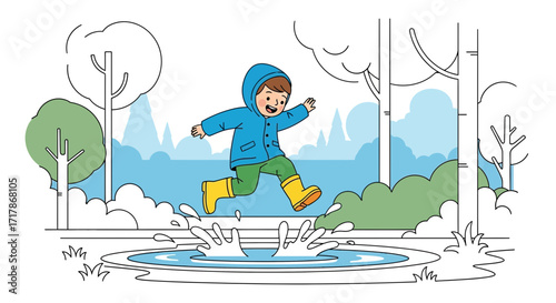 Joyful Child Leaping Through Puddle In The Rain With Playful, Energetic Excitement Displayed