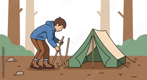 Illustrative Scene Captures A Curious Person Erecting A Tent Within A Woodland Area