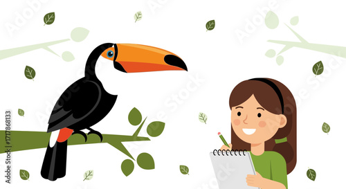 Illustrative Scene Of a Girl Sketching a Toucan Bird Among Leafy Branches With Joyous Expression