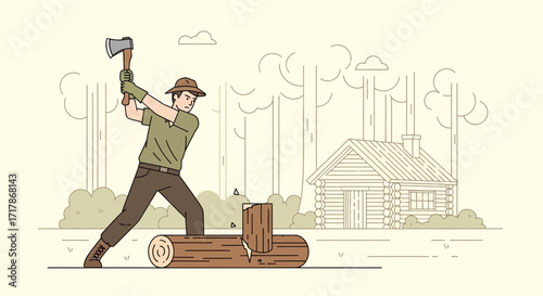 Illustrative Scene Of A Lumberjack Felling Wood For A Rustic Cabin In The Forest