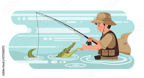 Illustrative Scene Of A Fisherman, Crocodile, And Fishing Rod On The Water Body