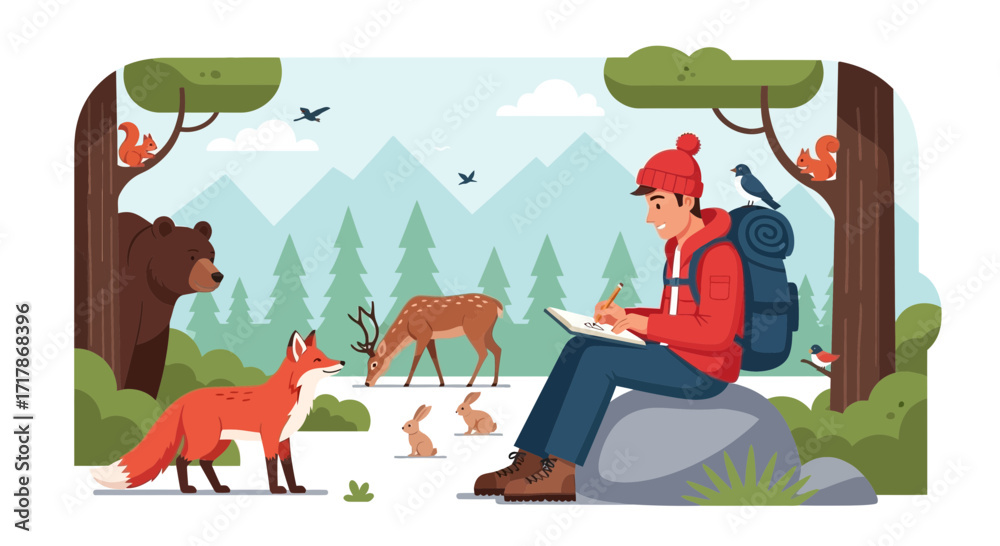 Naklejka premium Inspired Artist Captures Nature's Beauty in Forest Glade Amongst Wildlife