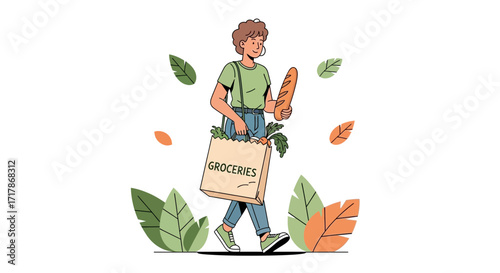 Individual Person Carries Groceries, Baguette, And Produce, Walking With Purpose