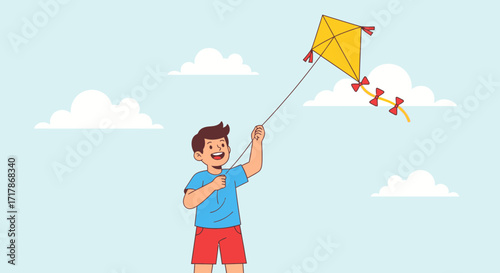 Joyful Child Playing With a Yellow Kite Under a Beautiful Sky on a Sunny Day