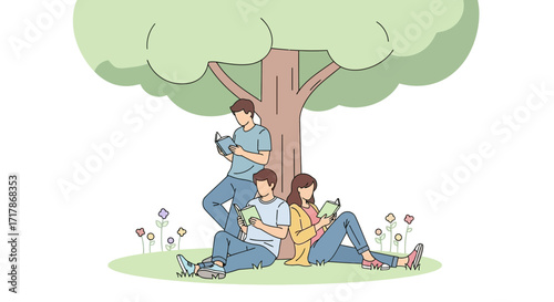 Individuals Studying Outdoors Under Tree, Peaceful Scene of Learning and Leisure Activities