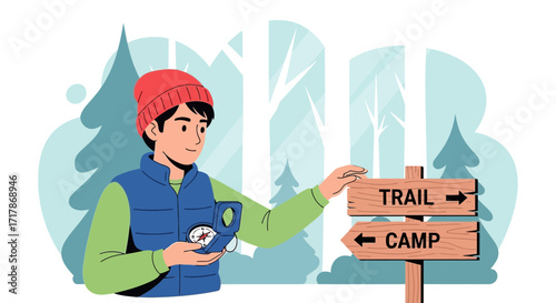 Journeying Through The Forest: A Hiker Uses a Compass and Follows a Trail to Camp