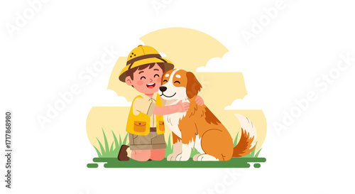 Joyful Affection Between A Smiling Explorer Kid And His Loyal Dog Friend
