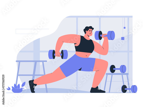 Muscular man powerfully lifting dumbbells during intense workout in modern gym setting