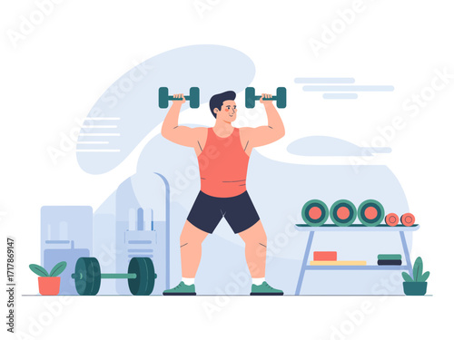 Muscular man lifting dumbbells overhead in modern gym, achieving fitness goals with dynamic workout