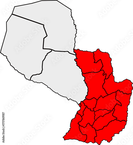 A detailed vector map of Paraguay highlighting the Eastern Region (Región Oriental), a major political and geographical division.

