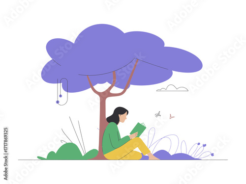 Serene woman engrossed in reading a book under a vibrant purple tree, finding peace outdoors.
