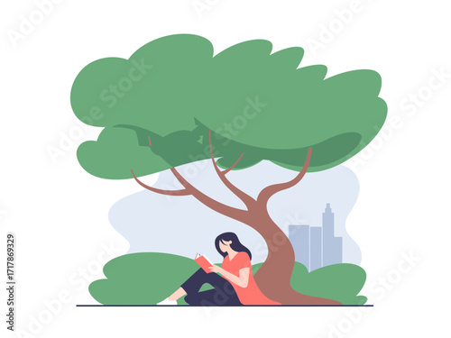 Serene woman engrossed in reading a book under a lush green tree, seeking quiet escape and knowledge.