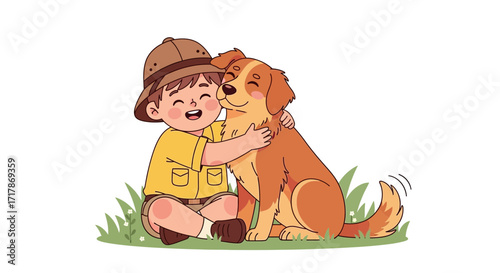 Joyful Boy Hugging Adorable Dog Illustrating Friendship and Playful Moments Perfectly