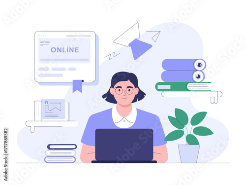Focused woman learns online, books and laptop creating modern study atmosphere for education.
