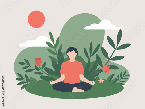 Serene person meditating peacefully amidst lush green nature, finding inner calm and mindfulness.