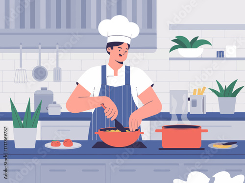 Skilled chef prepares delicious meal in modern kitchen, creating culinary magic for happy diners