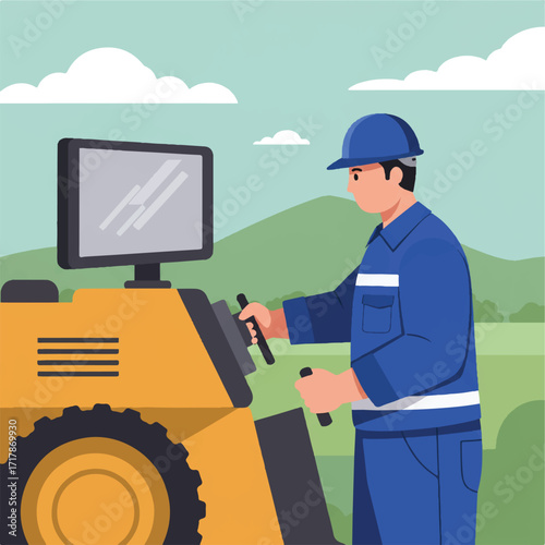Construction worker in blue uniform operating heavy machinery