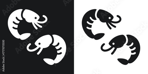 Black and white shrimp illustration depicting a seafood concept with modern design