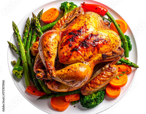  Large golden brown roasted chicken served with vegetables isolated on transparent background PNG