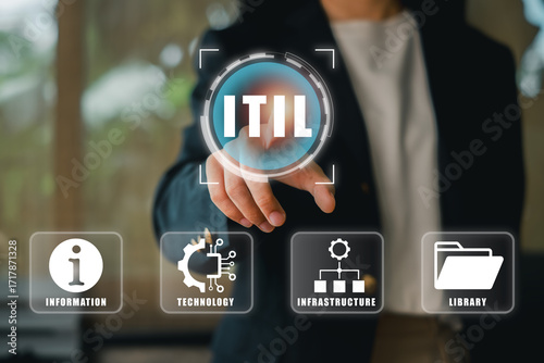 Business professional engaging with ITIL framework, showcasing digital transformation and IT service management concepts.
