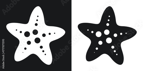 Two simple symmetrical starfish silhouettes with dot details against contrasting black and white backgrounds