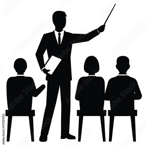 Teacher with pointer and book instructing seated students in class