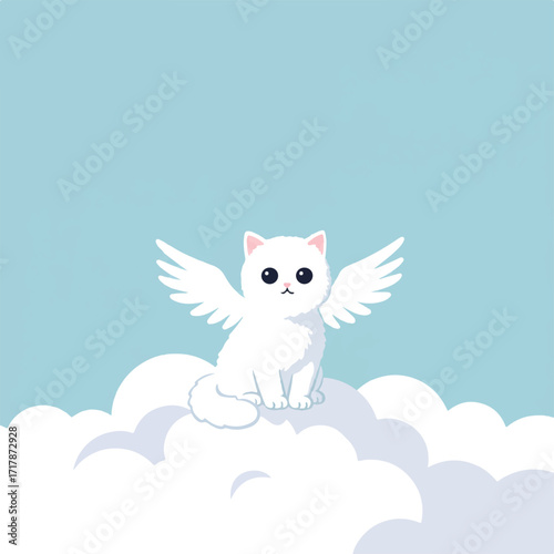 An angel cat sits on clouds against a blue sky