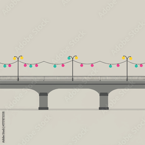 A bridge decorated with string lights and lampposts