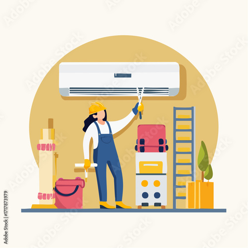 Worker Installing Air Conditioner at Home – Flat Vector Design