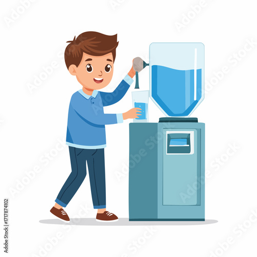 Boy Drinking Water from Dispenser – Flat Vector Illustration