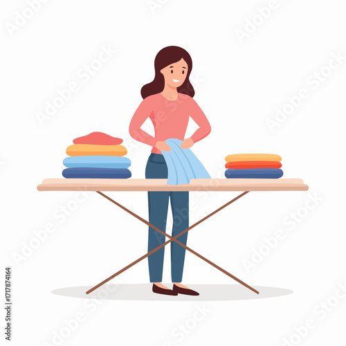 Woman Ironing Clothes on Ironing Board – Flat Vector Design