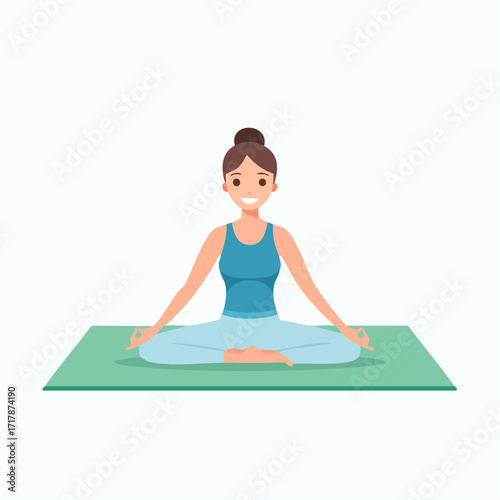 Woman Meditating on Yoga Mat – Flat Vector Illustration