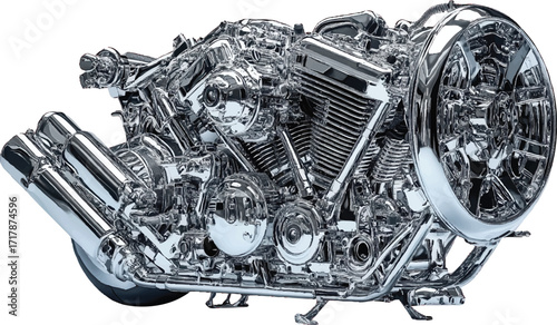 Highly Detailed Chrome Motorcycle Engine with Exhaust Pipes and Wheel metal shiny