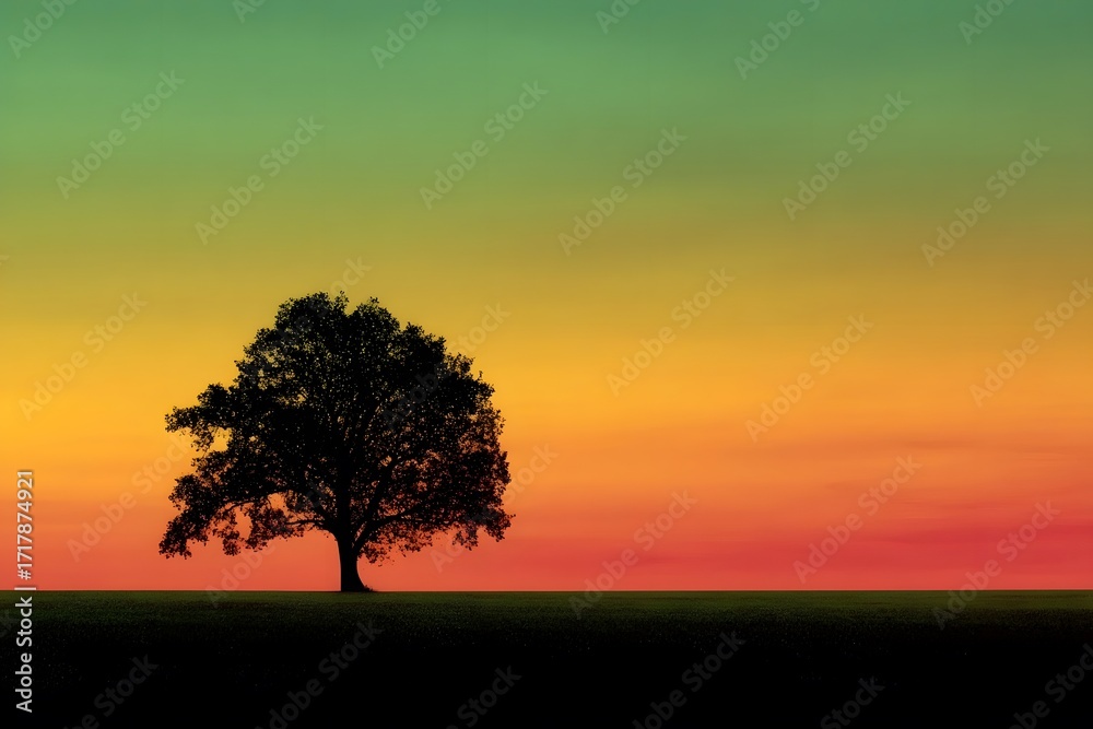 Fototapeta premium A solitary tree stands against a gradient sky of orange, yellow, and green at sunset.