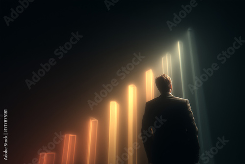 Executive presenting growth chart with glowing bars