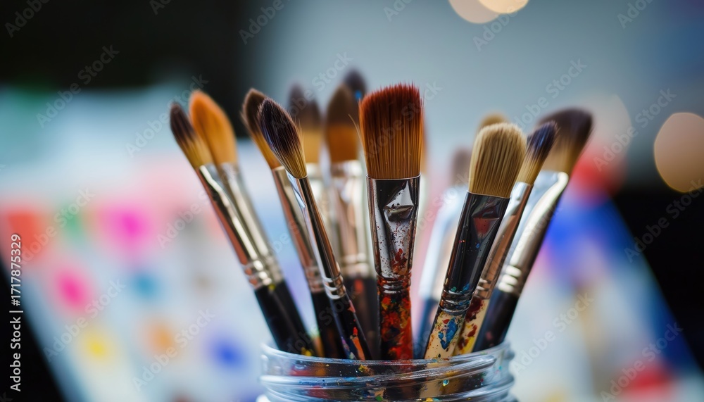 Obraz premium Paint Brushes Placed Inside A Jar In This Picture. The Image Captures Paint Brushes Arranged Neatly Inside A Transparent Glass Container.