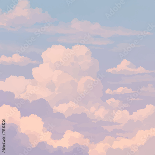 Soft pink and lavender clouds fill a pale blue sky