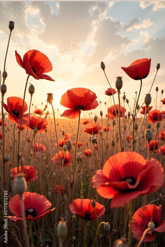 Poppies bloom in a field at sunset.