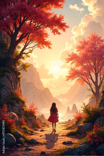 Girl in red dress walks on a path between red - leaved trees at sunset.