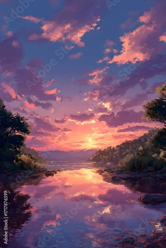 Sunset sky with pink clouds reflects in a river surrounded by trees.