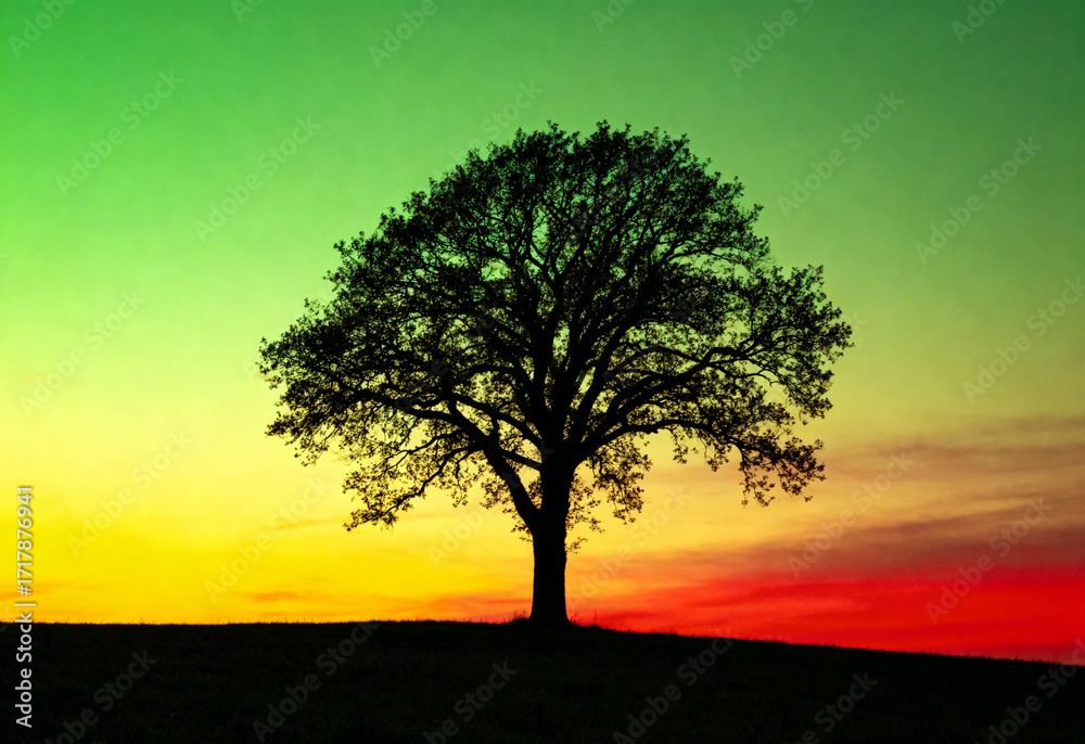 Obraz premium Tree shows a silhouette against a sunset sky with green and red hues.