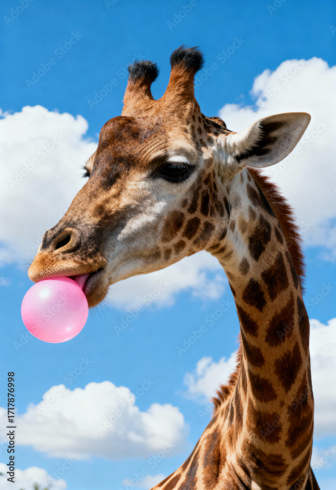 Obraz premium Giraffe blows a pink bubble gum against a blue sky with clouds.