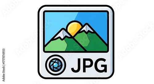Digital illustration of a jpg file icon with a mountain landscape and sun inside a screen