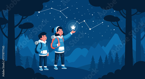Joyful Explorers Discovering Stellar Constellations, Unveiling Cosmic Wonders, and Galactic Beauty
