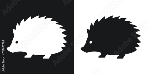 Stylized hedgehog silhouette in black and white presented in a simple minimalist graphic style