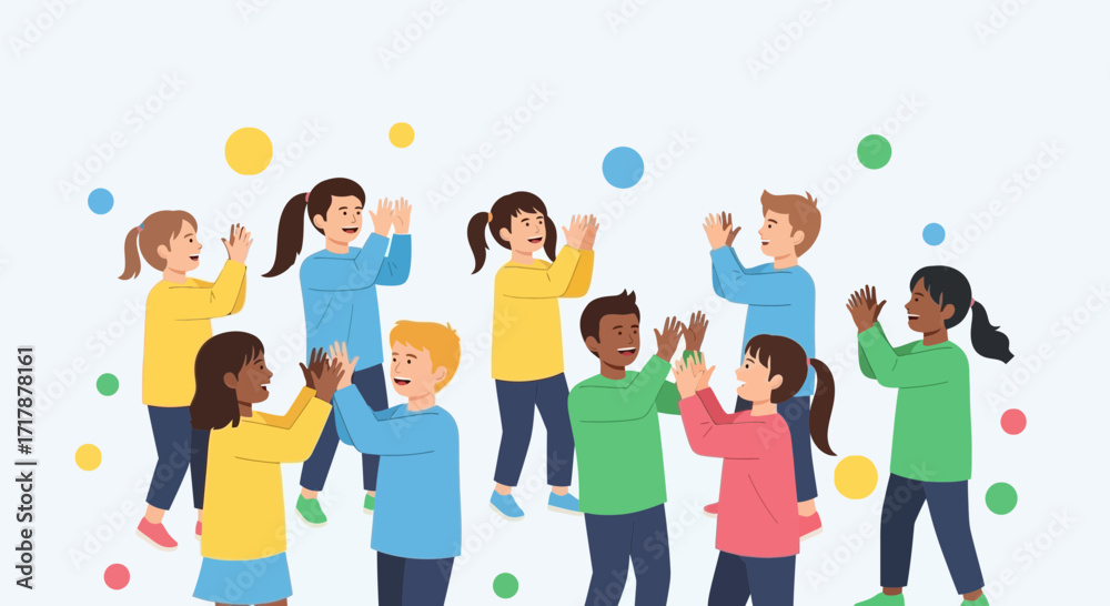 Fototapeta premium Joyful Children Celebrating Teamwork And Friendship With Colorful Clapping Fun