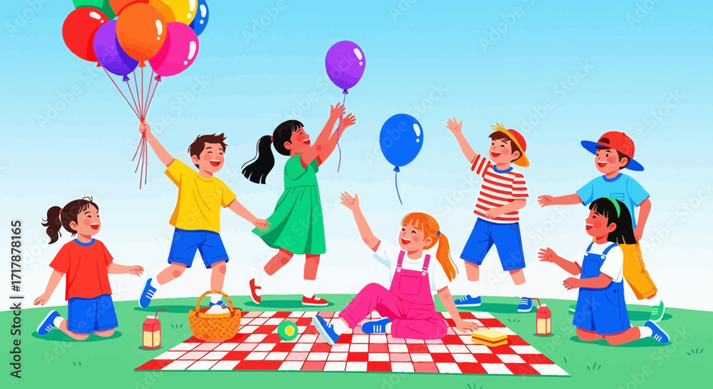 Fototapeta premium Joyful Children Celebrating Outdoors, Balloons, Picnic, Sunshine, and Happy Moments Together